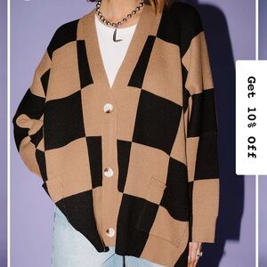 Love You Oversized Checkerboard Cardigan in Black + Latte